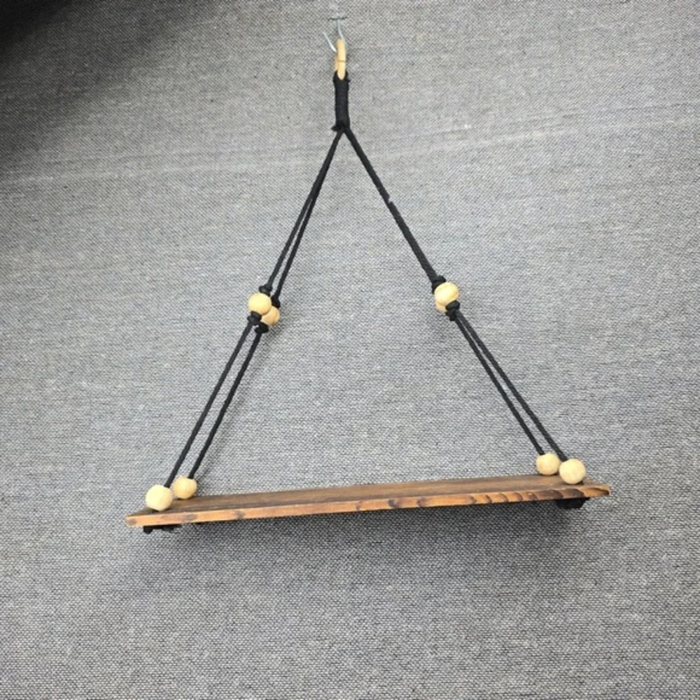 Boho Hanging‎ Wood Wall Shelf Black Cord Natural Beads Rustic Floating Swing